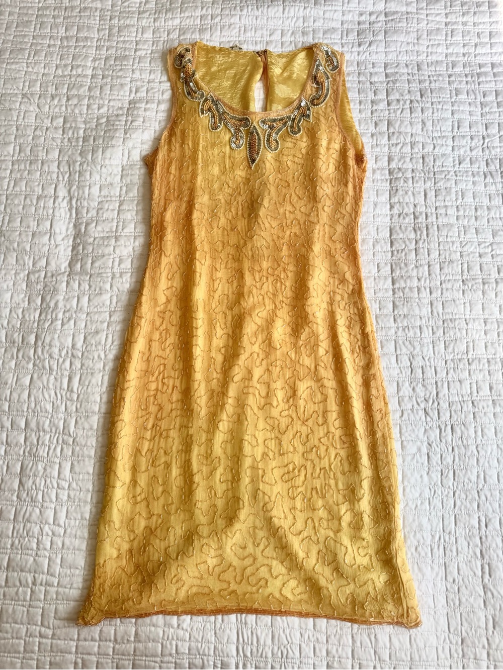Vintage Yellow Gold 100% Silk Beaded & Sequined Sleeveless Dress